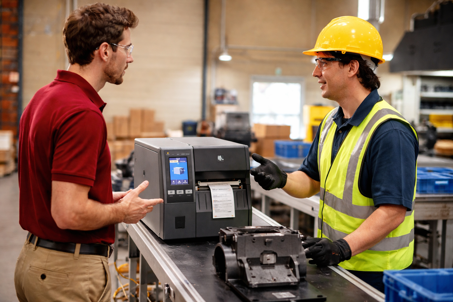 Technician discussing Zebra printer maintenance in a manufacturing facility